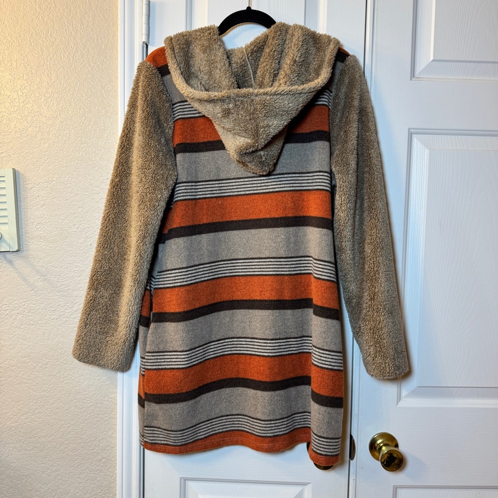 ODDY Tan & Orange‎ Stripe Hooded Cardigan Sweater W/Furry Hood & Long Sleeves - Picture 6 of 6